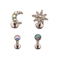 Multi-Pack CZ Sun and Moon Labret Lip Rings 4 Pack - 16 Gauge