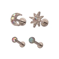 Multi-Pack CZ Sun and Moon Labret Lip Rings 4 Pack - 16 Gauge