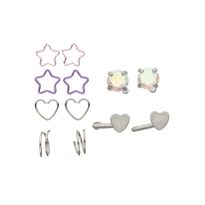 Multi-Pack CZ Star and Heart Shaped Nose Hoops and L-Bend Nose Rings 12 Pack - 20 Gauge