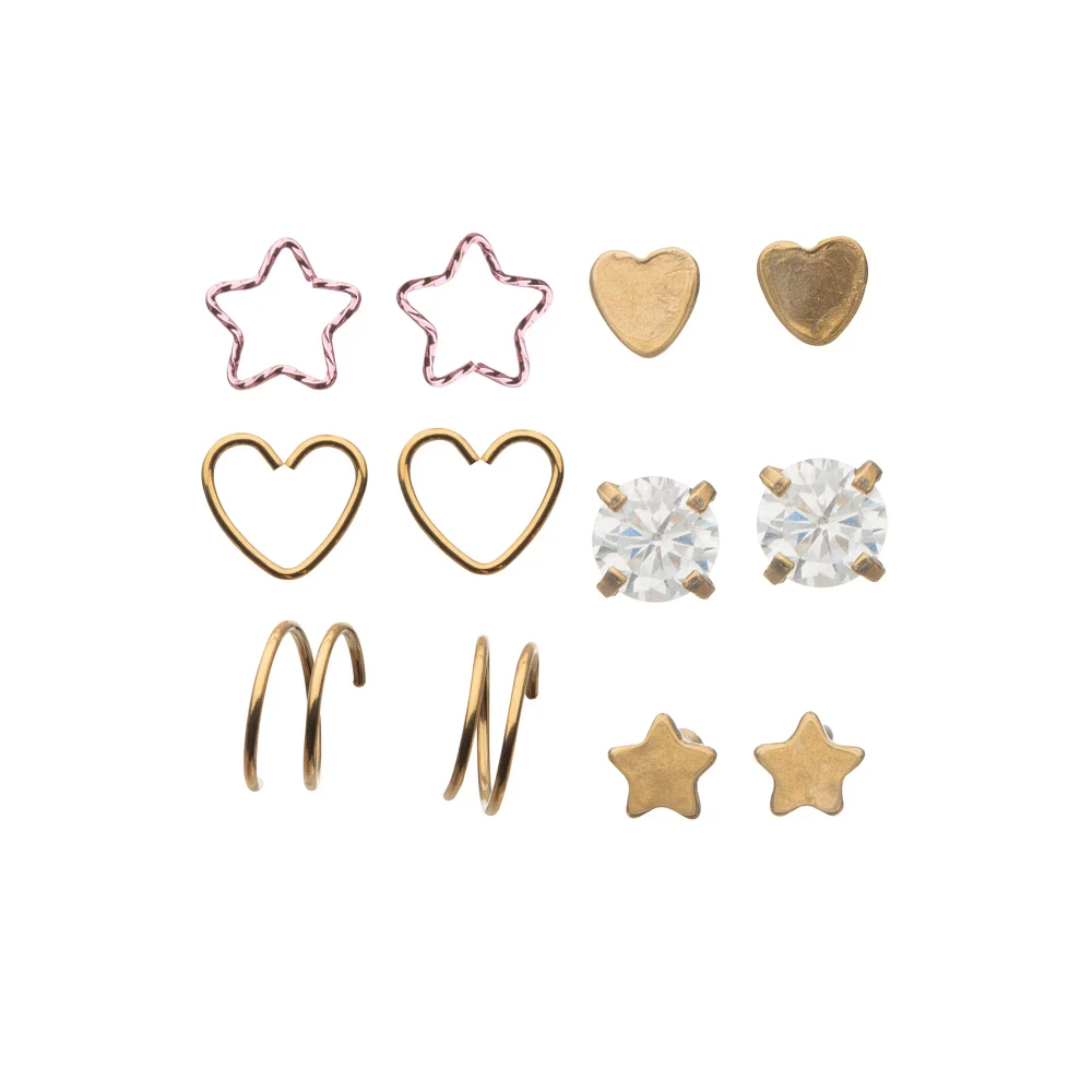 Multi-Pack Goldtone Heart Star Pin and Hoop Nose Rings 12 Pack - 20 Gauge