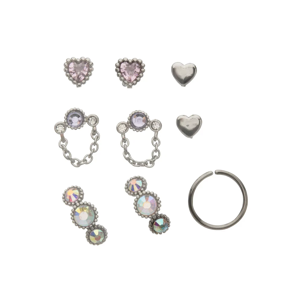 Multi-Pack CZ Pink and Purple Chain Nose Pins and Hoops 9 Pack - 20 Gauge