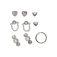 Multi-Pack CZ Pink and Purple Chain Nose Pins and Hoops 9 Pack - 20 Gauge