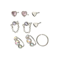 Multi-Pack CZ Pink and Purple Chain Nose Pins and Hoops 9 Pack - 20 Gauge