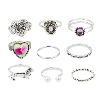 Multi-Pack Floral Heart Rings - 9 Pack