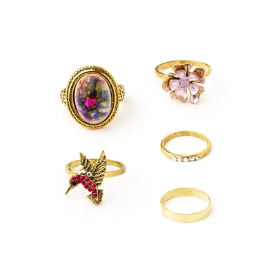 Goldtone Hummingbird Assorted Rings - 5 Pack