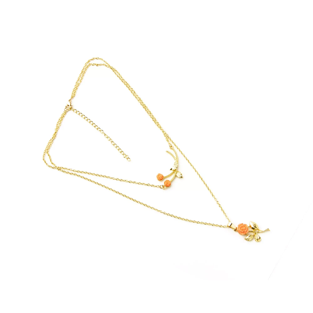 Goldtone Peach Rose Double Chain Necklace
