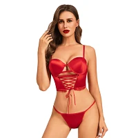 Red Satin Lace-Up Corset and G-String Panties Set