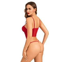 Red Satin Lace-Up Corset and G-String Panties Set