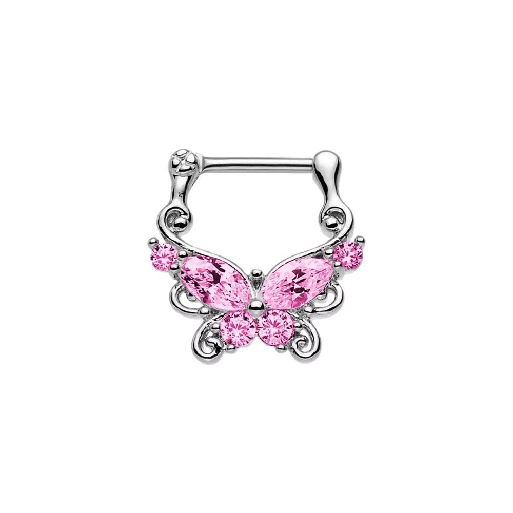 Pink Butterfly Clicker Septum Ring - 16 Gauge