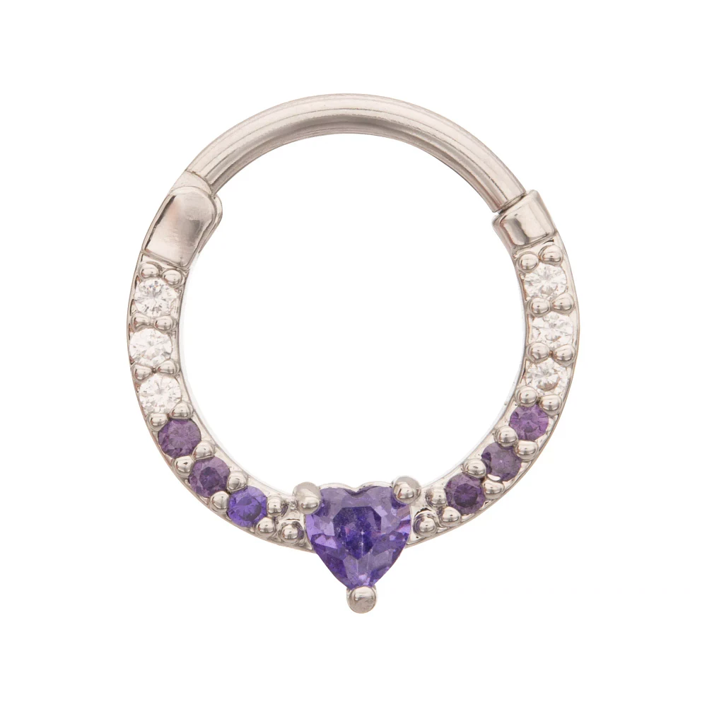 Purple CZ Heart Hinge Septum Ring - 16 Gauge