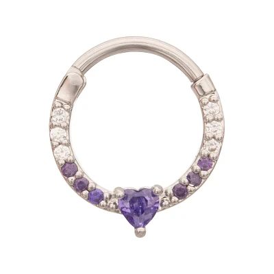 Purple CZ Heart Hinge Septum Ring - 16 Gauge