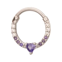 Purple CZ Heart Hinge Septum Ring - 16 Gauge