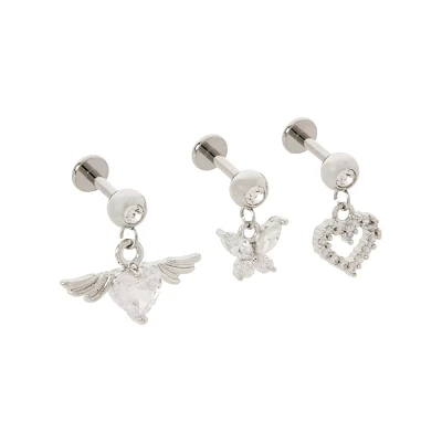 Multi-Pack Titanium CZ Heart Cartilage Studs 3 Pack - 16 Gauge