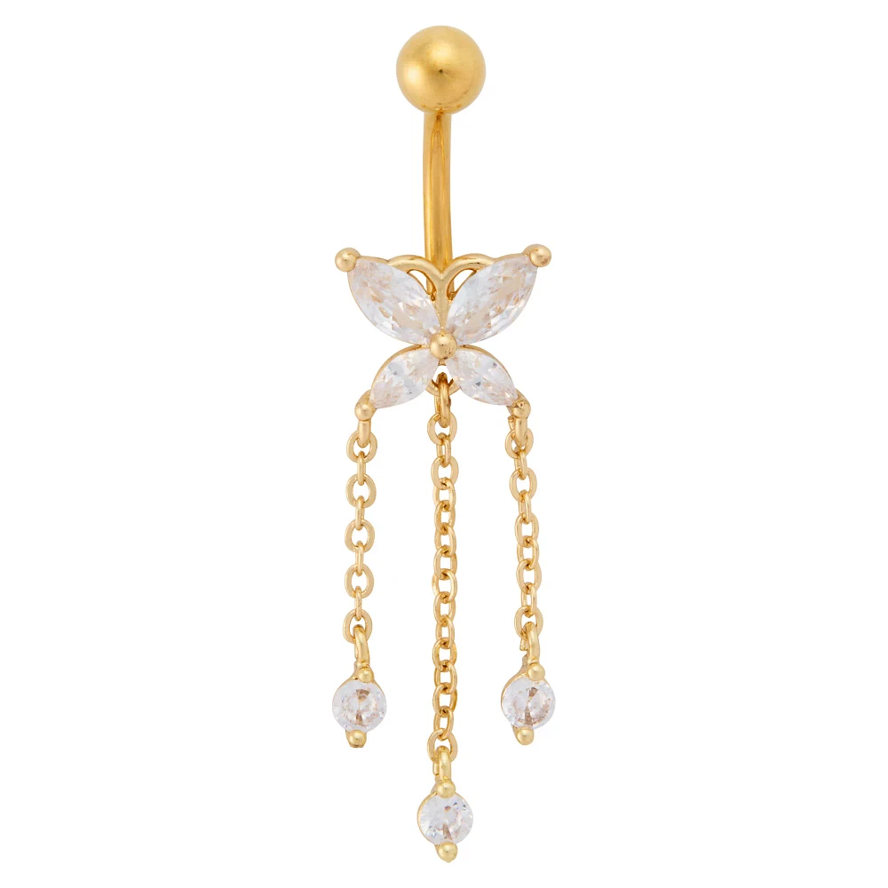Titanium Gold CZ Butterfly Dangle Belly Ring - 14 Gauge