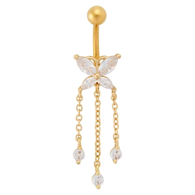 Titanium Gold CZ Butterfly Dangle Belly Ring - 14 Gauge