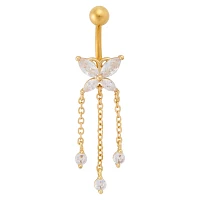 Titanium Gold CZ Butterfly Dangle Belly Ring - 14 Gauge