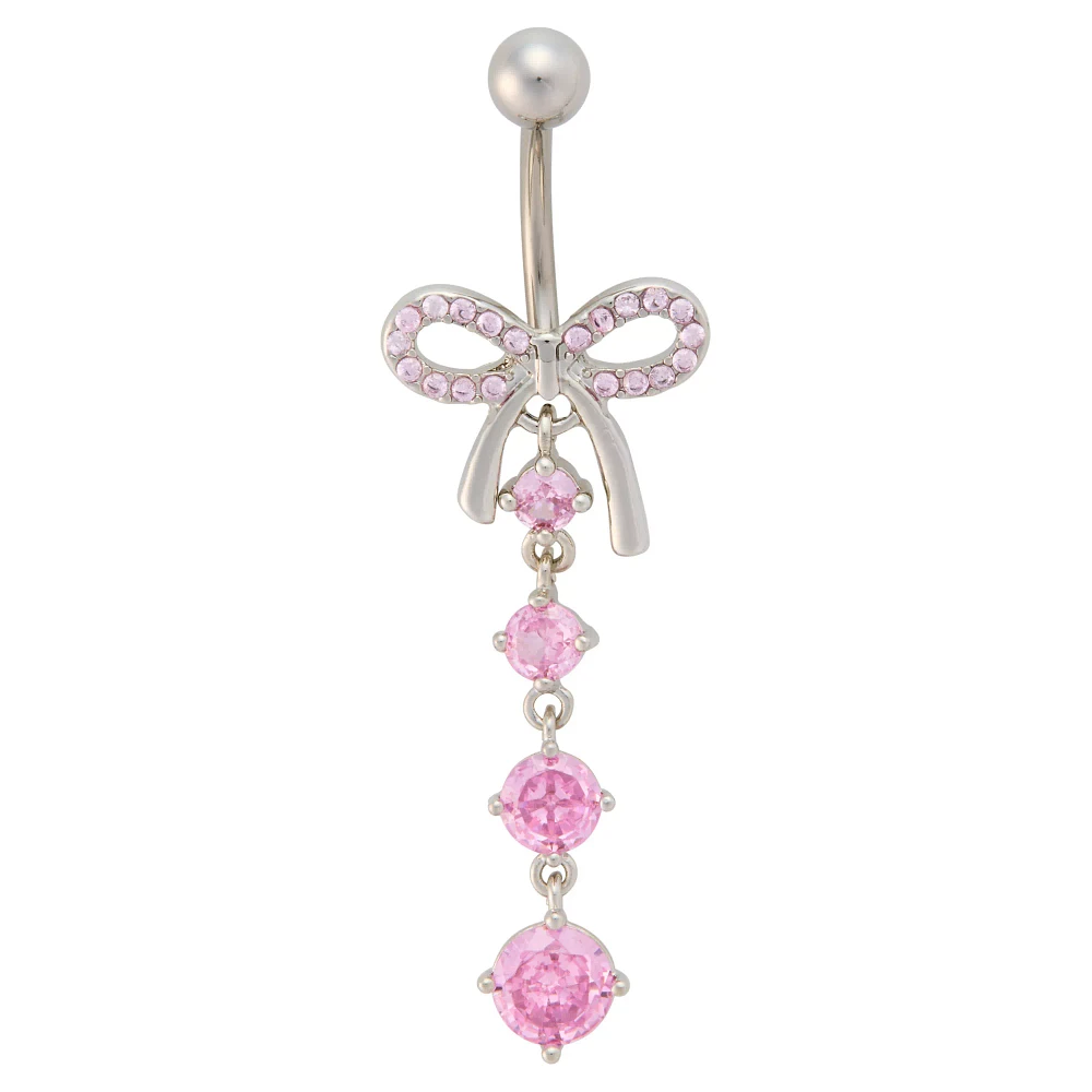 CZ Clear and Pink Titanium Dangle Belly Ring - 14 Gauge