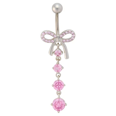 CZ Clear and Pink Titanium Dangle Belly Ring - 14 Gauge