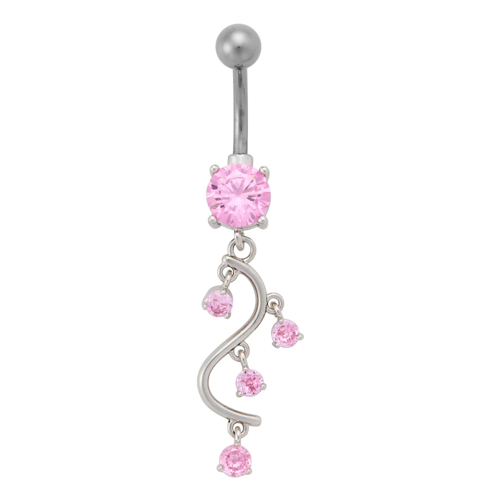 CZ Pink Multi-Gem Titanium Dangle Belly Ring - 14 Gauge