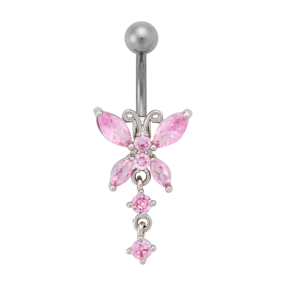 CZ Pink Butterfly Dangle Belly Ring - 14 Gauge