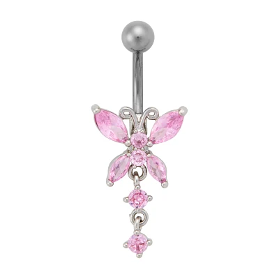 CZ Pink Butterfly Dangle Belly Ring - 14 Gauge