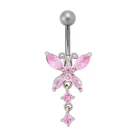 CZ Pink Butterfly Dangle Belly Ring - 14 Gauge