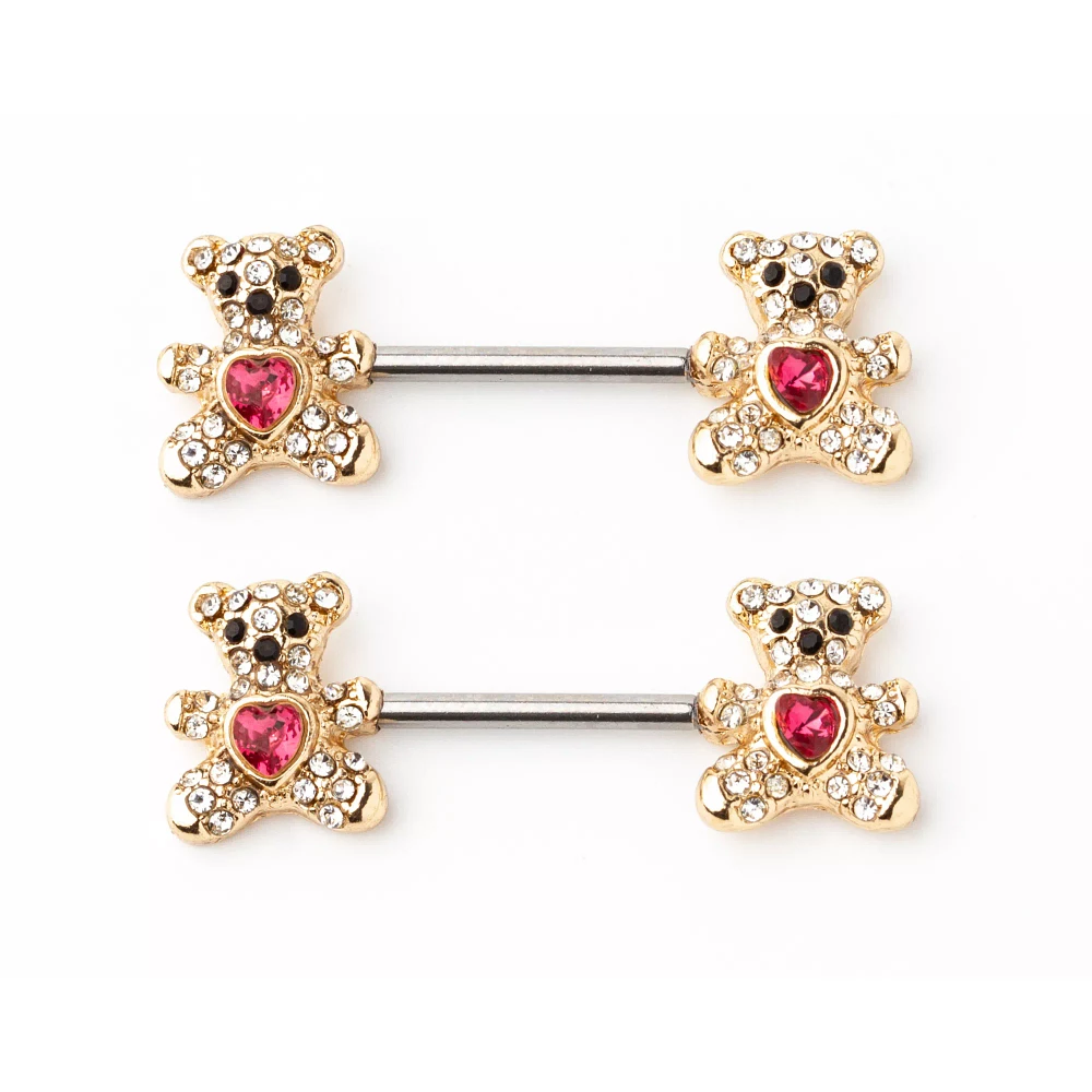 CZ Teddy Bear Goldtone Nipple Barbells - 14 Gauge