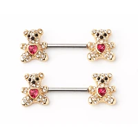 CZ Teddy Bear Goldtone Nipple Barbells - 14 Gauge