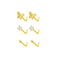Multi-Pack CZ 14K Gold Butterfly L-Bend Nose Pins 6 Pack - 20 Gauge