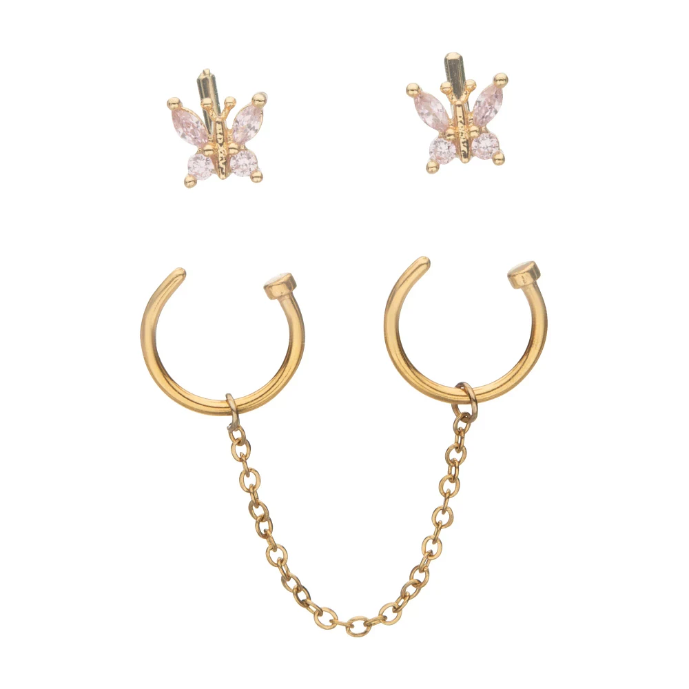 Multi-Pack CZ Goldtone Butterfly L-Bend and Horseshoe Nose Rings 4 Pack - 18 Gauge