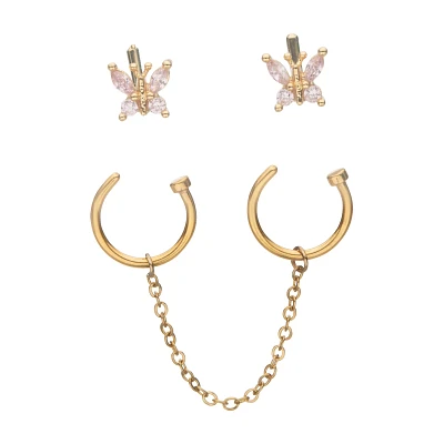 Multi-Pack CZ Goldtone Butterfly L-Bend and Horseshoe Nose Rings 4 Pack - 18 Gauge