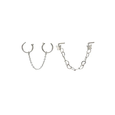 Multi-Pack Silvertone Butterfly Dangle Chain L-Bend and Half Hoop Nose Rings 4 Pack - 18 Gauge
