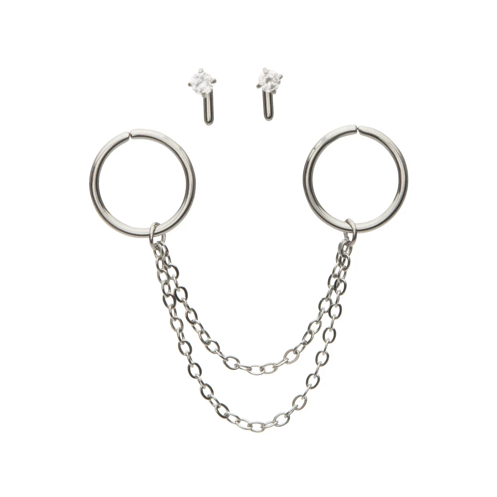 Multi-Pack Silver Chain Hoops and Nose Pins 4 Pack - 18 Gauge