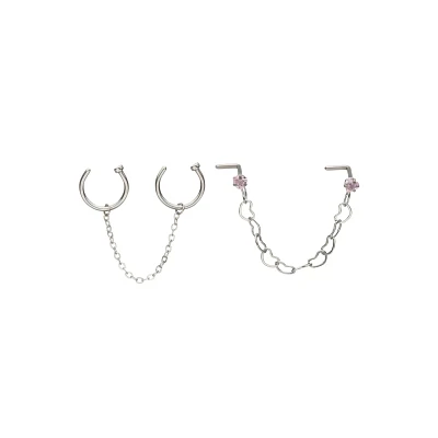 Kayla Malecc Multi-Pack Silvertone Heart Chain Dangle Nose Rings 4 Pack - 18 Gauge