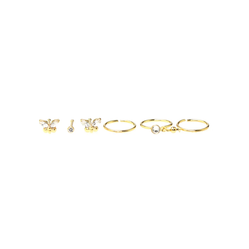 CZ Butterfly Pin and Hoop Nose Rings 6 Pack - 20 Gauge