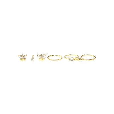 CZ Butterfly Pin and Hoop Nose Rings 6 Pack - 20 Gauge