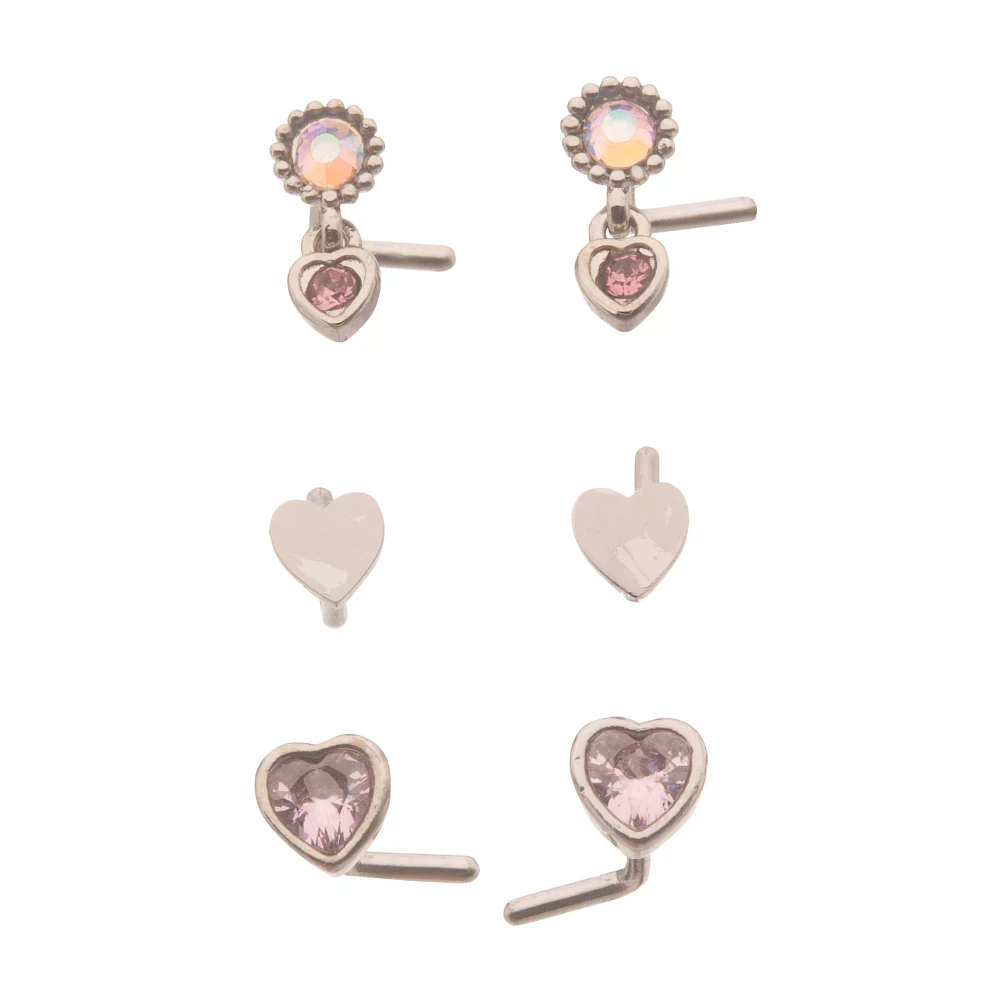 Multi-Pack CZ L-Bend Pink Heart Nose Rings 6 Pack - 20 Gauge