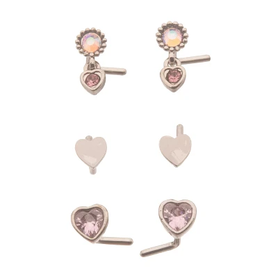 Multi-Pack CZ L-Bend Pink Heart Nose Rings 6 Pack - 20 Gauge