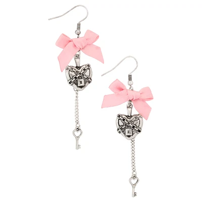 Bow Heart Lock and Key Dangle Earrings