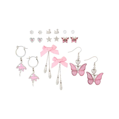 Multi-Pack Pink Ballerina Dangle and Stud Earrings - 9 Pair
