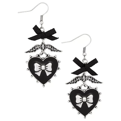 Black Heart Bow Wing Dangle Earrings