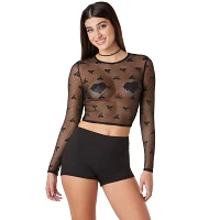 Black Bow Print Lace Mesh Top