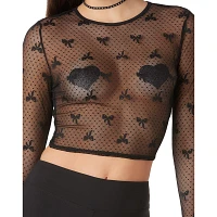Black Bow Print Lace Mesh Top