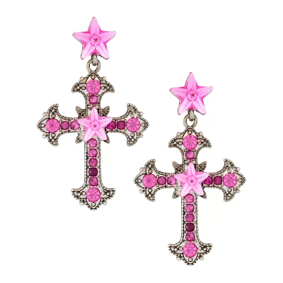 Silvertone and Pink Star Bling Cross Dangle Earrings