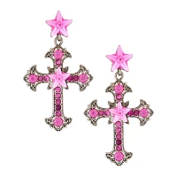 Silvertone and Pink Star Bling Cross Dangle Earrings