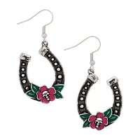 Skull Flower Horseshoe Dangle Earrings