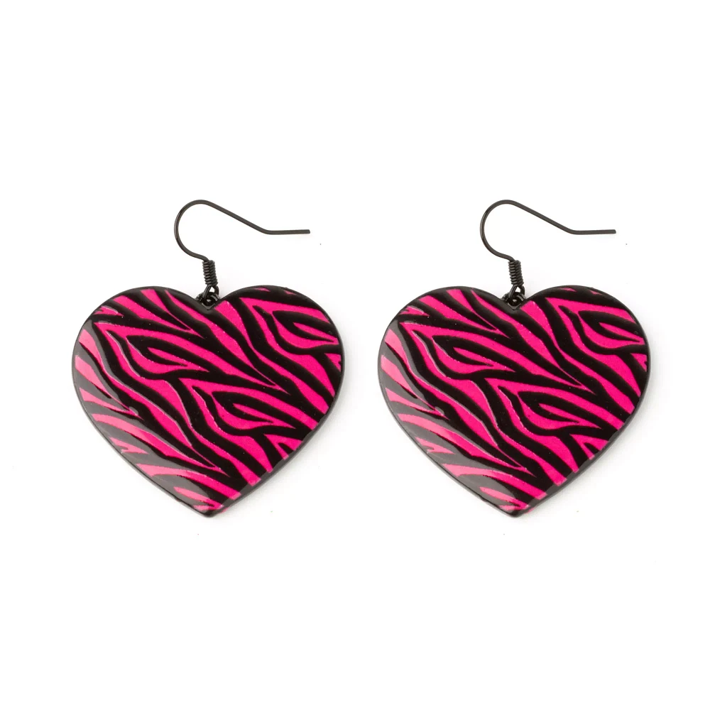 Pink Zebra Print Heart Dangle Earrings