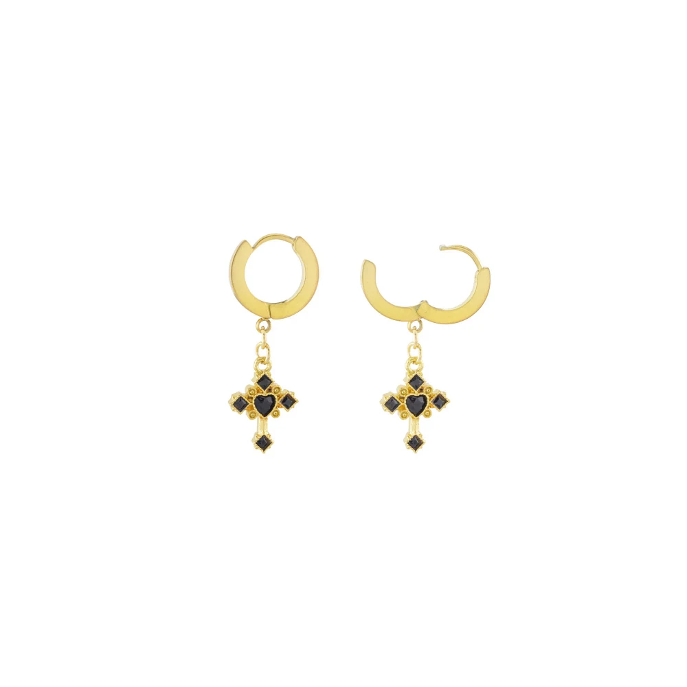 Black and Goldtone Cross Dangle Huggie Hoop Earrings