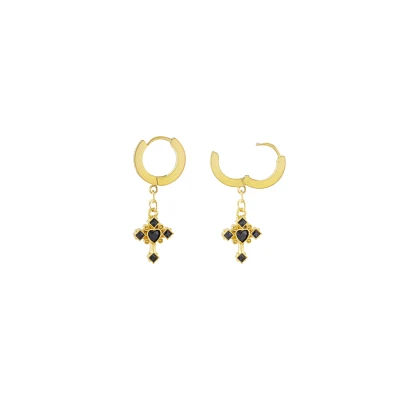 Black and Goldtone Cross Dangle Huggie Hoop Earrings