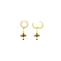 Black and Goldtone Cross Dangle Huggie Hoop Earrings